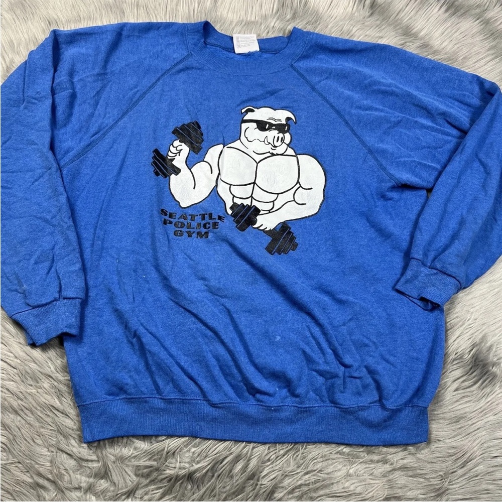 Vintage 80s Blue Seattle Police Gym Funny Novelty Sweater